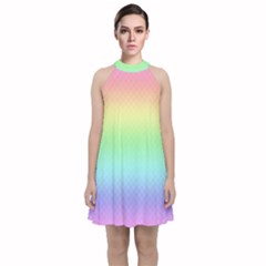 Pastel Rainbow Diamond Pattern Velvet Halter Neckline Dress 