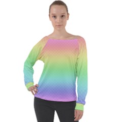 Pastel Rainbow Diamond Pattern Off Shoulder Long Sleeve Velour Top by SpinnyChairDesigns