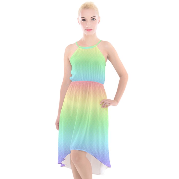 Pastel Rainbow Diamond Pattern High-Low Halter Chiffon Dress 