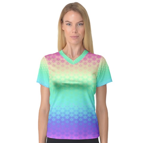 Rainbow Floral Ombre Print V-neck Sport Mesh Tee by SpinnyChairDesigns