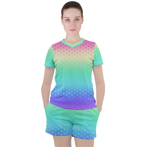 Rainbow Floral Ombre Print Women s Tee And Shorts Set by SpinnyChairDesigns