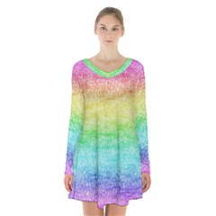 Rainbow Ombre Texture Long Sleeve Velvet V-neck Dress