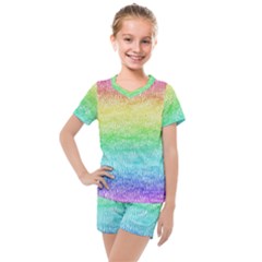 Rainbow Ombre Texture Kids  Mesh Tee And Shorts Set