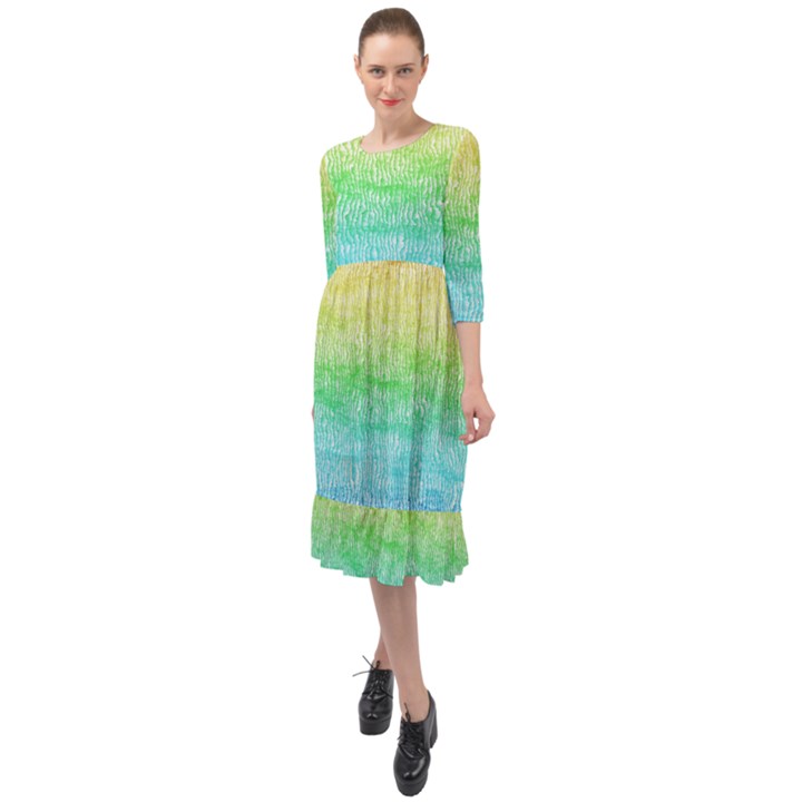 Rainbow Ombre Texture Ruffle End Midi Chiffon Dress