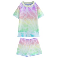 Pastel Rainbow Tie Dye Kids  Swim Tee And Shorts Set by SpinnyChairDesigns