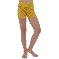 Orange Madras Plaid Kids  Lightweight Velour Yoga Shorts by SpinnyChairDesigns