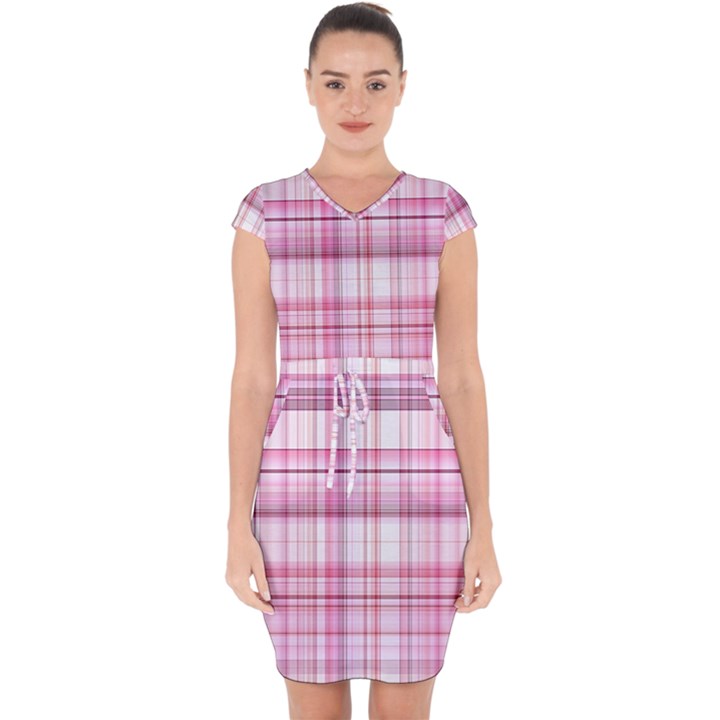 Pink Madras Plaid Capsleeve Drawstring Dress 