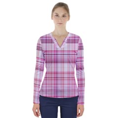 Pink Madras Plaid V-neck Long Sleeve Top by SpinnyChairDesigns