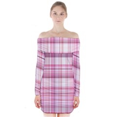 Pink Madras Plaid Long Sleeve Off Shoulder Dress by SpinnyChairDesigns