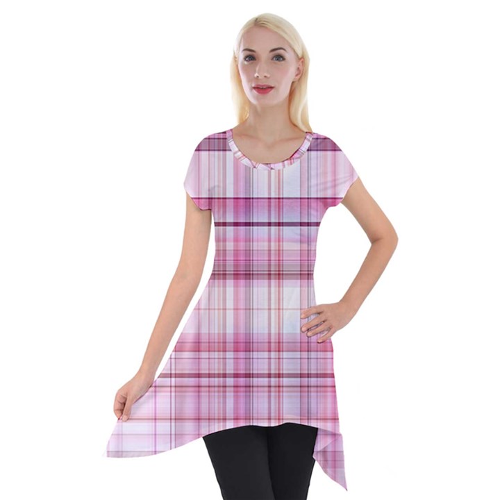 Pink Madras Plaid Short Sleeve Side Drop Tunic