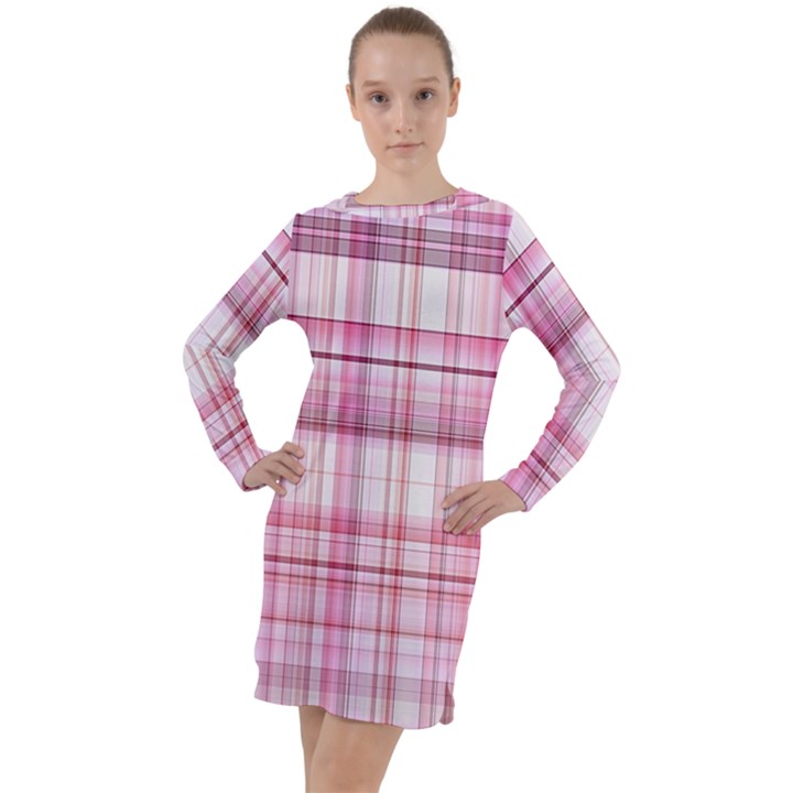 Pink Madras Plaid Long Sleeve Hoodie Dress