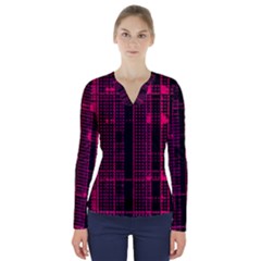 Pink Black Punk Plaid V-neck Long Sleeve Top by SpinnyChairDesigns