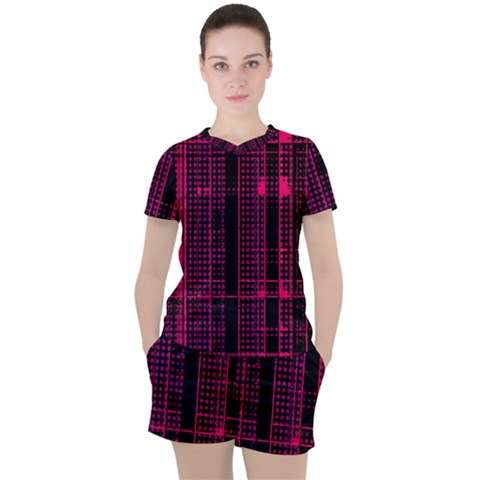 Pink Black Punk Plaid Women s Tee And Shorts Set by SpinnyChairDesigns