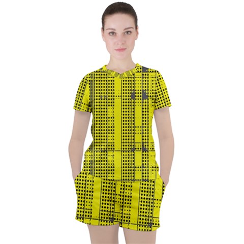 Black Yellow Punk Plaid Women s Tee And Shorts Set by SpinnyChairDesigns