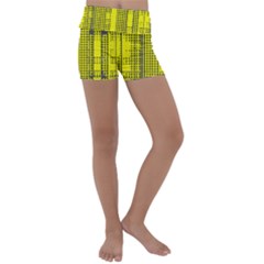 Black Yellow Punk Plaid Kids  Lightweight Velour Yoga Shorts by SpinnyChairDesigns