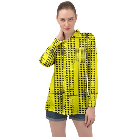 Black Yellow Punk Plaid Long Sleeve Satin Shirt by SpinnyChairDesigns