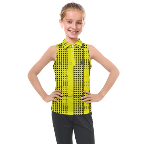 Black Yellow Punk Plaid Kids  Sleeveless Polo Tee by SpinnyChairDesigns