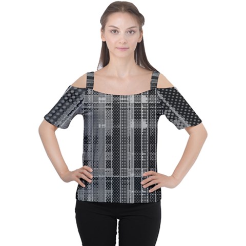 Black Punk Plaid Cutout Shoulder Tee by SpinnyChairDesigns