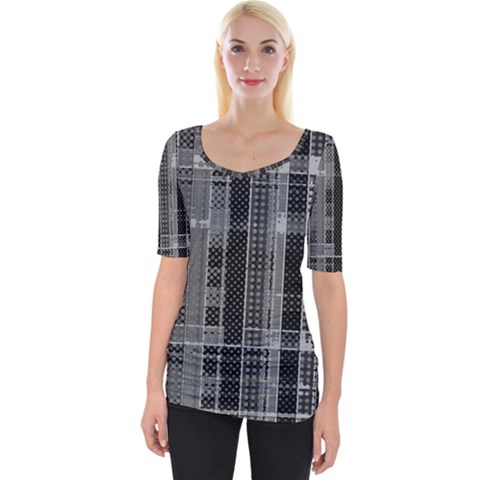 Black Punk Plaid Wide Neckline Tee by SpinnyChairDesigns