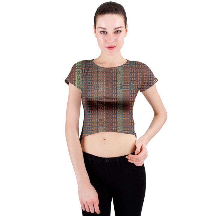 Rust Brown Grunge Plaid Crew Neck Crop Top