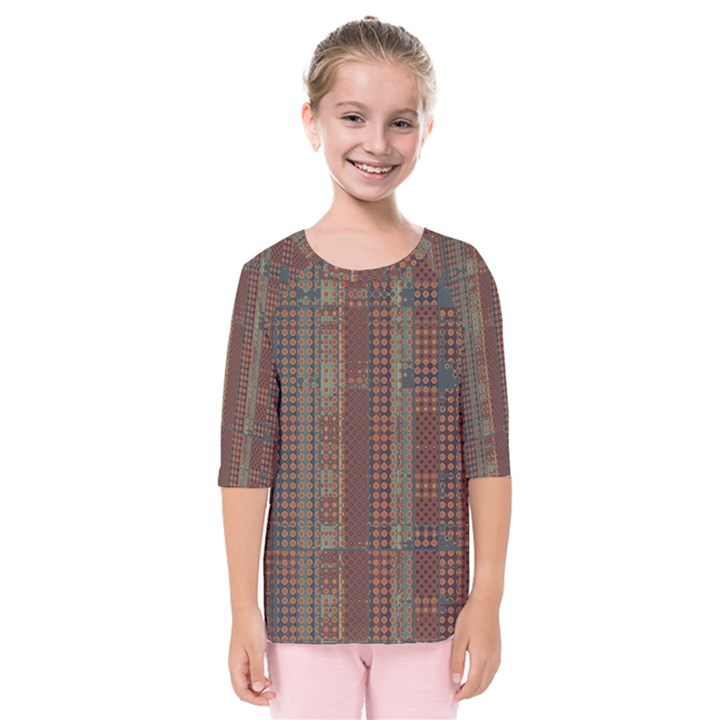 Rust Brown Grunge Plaid Kids  Quarter Sleeve Raglan Tee