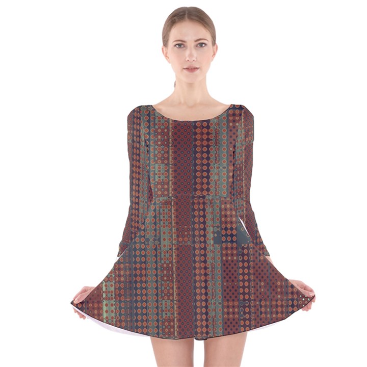 Rust Brown Grunge Plaid Long Sleeve Velvet Skater Dress