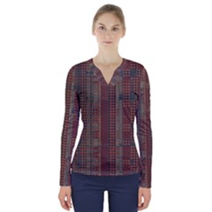 Rust Brown Grunge Plaid V-neck Long Sleeve Top by SpinnyChairDesigns