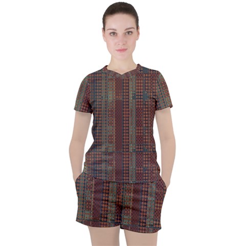 Rust Brown Grunge Plaid Women s Tee And Shorts Set by SpinnyChairDesigns