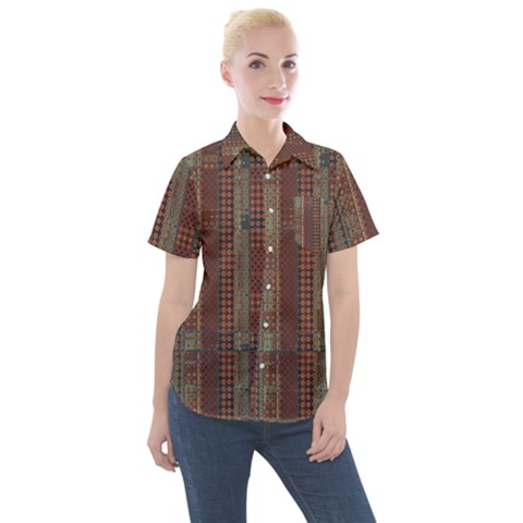 Rust Brown Grunge Plaid Women s Short Sleeve Pocket Shirt by SpinnyChairDesigns