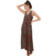 Rust Brown Grunge Plaid V-neck Chiffon Maxi Dress by SpinnyChairDesigns