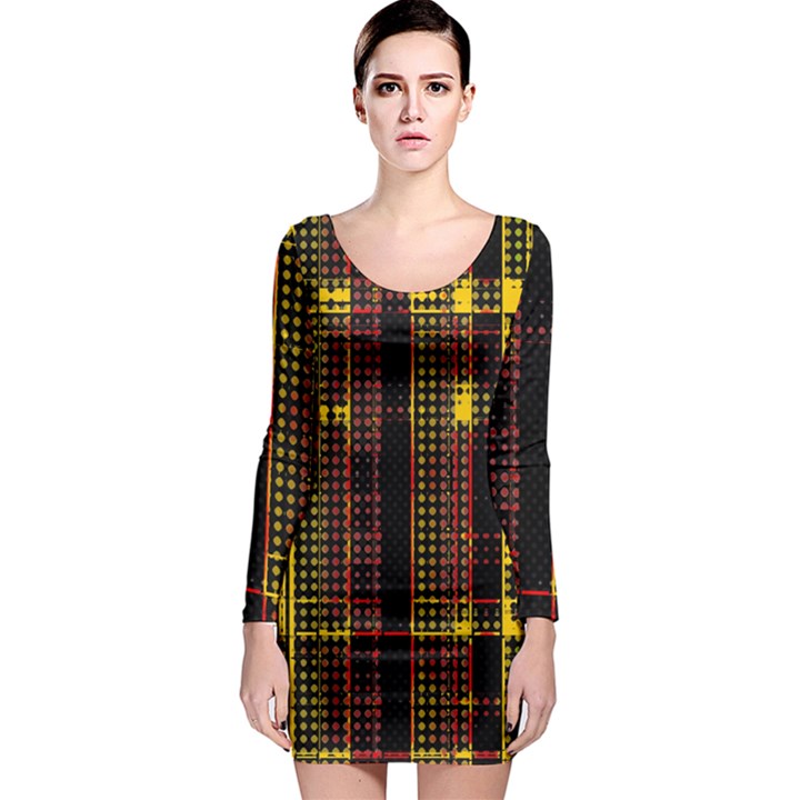 Red Yellow Black Punk Plaid Long Sleeve Bodycon Dress