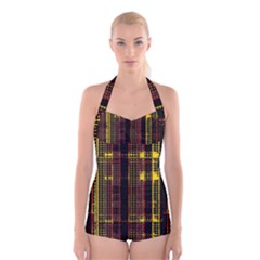 Red Yellow Black Punk Plaid Boyleg Halter Swimsuit  by SpinnyChairDesigns