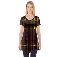 Red Yellow Black Punk Plaid Short Sleeve Tunic  by SpinnyChairDesigns