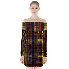 Red Yellow Black Punk Plaid Long Sleeve Off Shoulder Dress by SpinnyChairDesigns