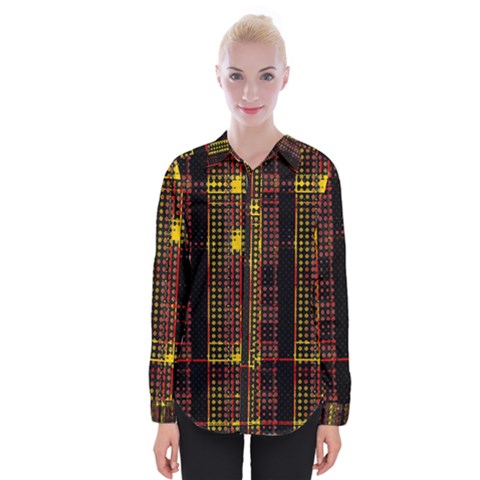 Red Yellow Black Punk Plaid Womens Long Sleeve Shirt by SpinnyChairDesigns