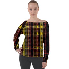 Red Yellow Black Punk Plaid Off Shoulder Long Sleeve Velour Top by SpinnyChairDesigns