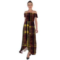 Red Yellow Black Punk Plaid Off Shoulder Open Front Chiffon Dress by SpinnyChairDesigns