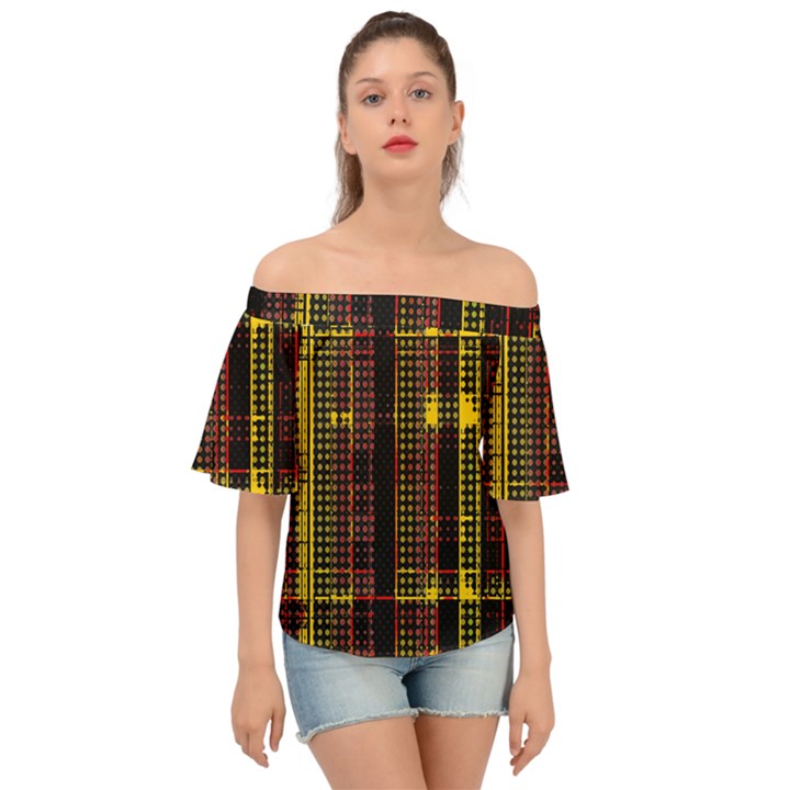 Red Yellow Black Punk Plaid Off Shoulder Short Sleeve Top