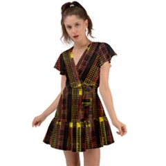 Red Yellow Black Punk Plaid Flutter Sleeve Wrap Dress by SpinnyChairDesigns