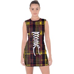 Red Yellow Black Punk Plaid Lace Up Front Bodycon Dress by SpinnyChairDesigns