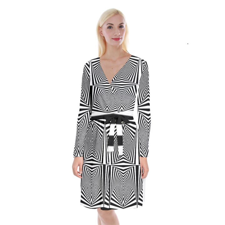 Black and White Stripes Long Sleeve Velvet Front Wrap Dress