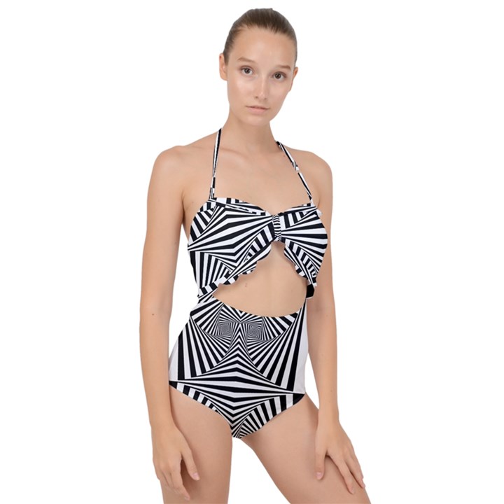 Black and White Stripes Scallop Top Cut Out Swimsuit