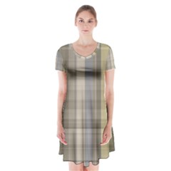 Beige Tan Madras Plaid Short Sleeve V-neck Flare Dress by SpinnyChairDesigns