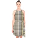 Beige Tan Madras Plaid Halter Collar Waist Tie Chiffon Dress View1