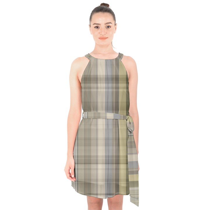 Beige Tan Madras Plaid Halter Collar Waist Tie Chiffon Dress