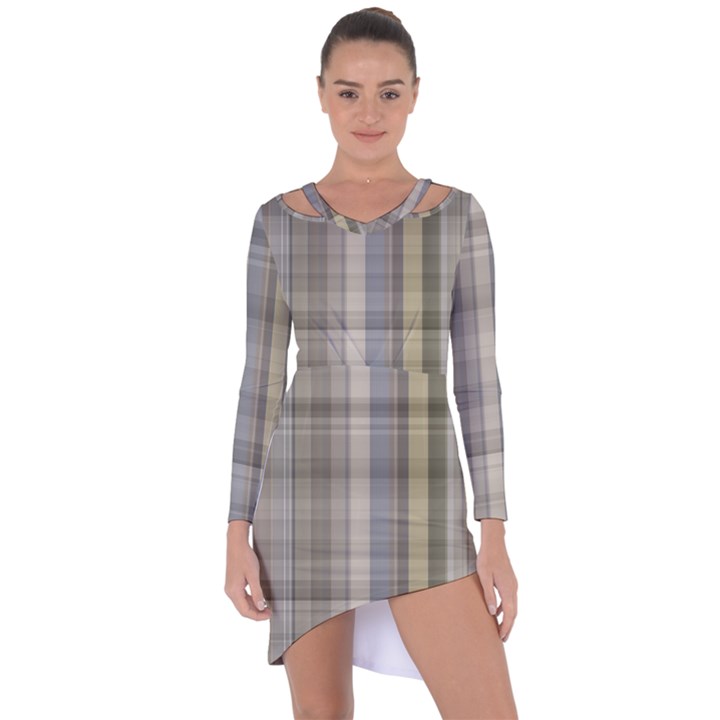 Beige Tan Madras Plaid Asymmetric Cut-Out Shift Dress