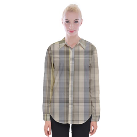 Beige Tan Madras Plaid Womens Long Sleeve Shirt by SpinnyChairDesigns