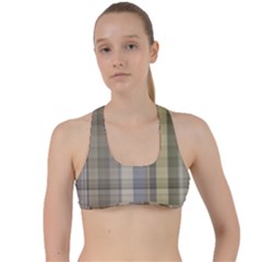 Beige Tan Madras Plaid Criss Cross Racerback Sports Bra by SpinnyChairDesigns