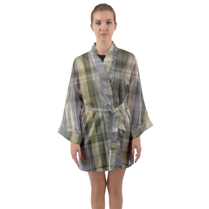 Beige Tan Madras Plaid Long Sleeve Satin Kimono