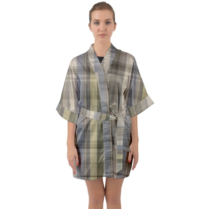 Beige Tan Madras Plaid Half Sleeve Satin Kimono 